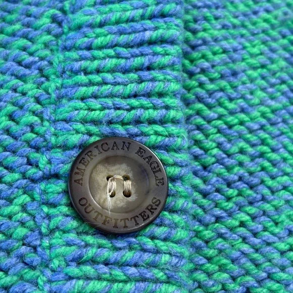 American Eagle Chunky Knit Shawl Collar Cardigan Sweater LG Green‎ Blue Pockets - Picture 6 of 11